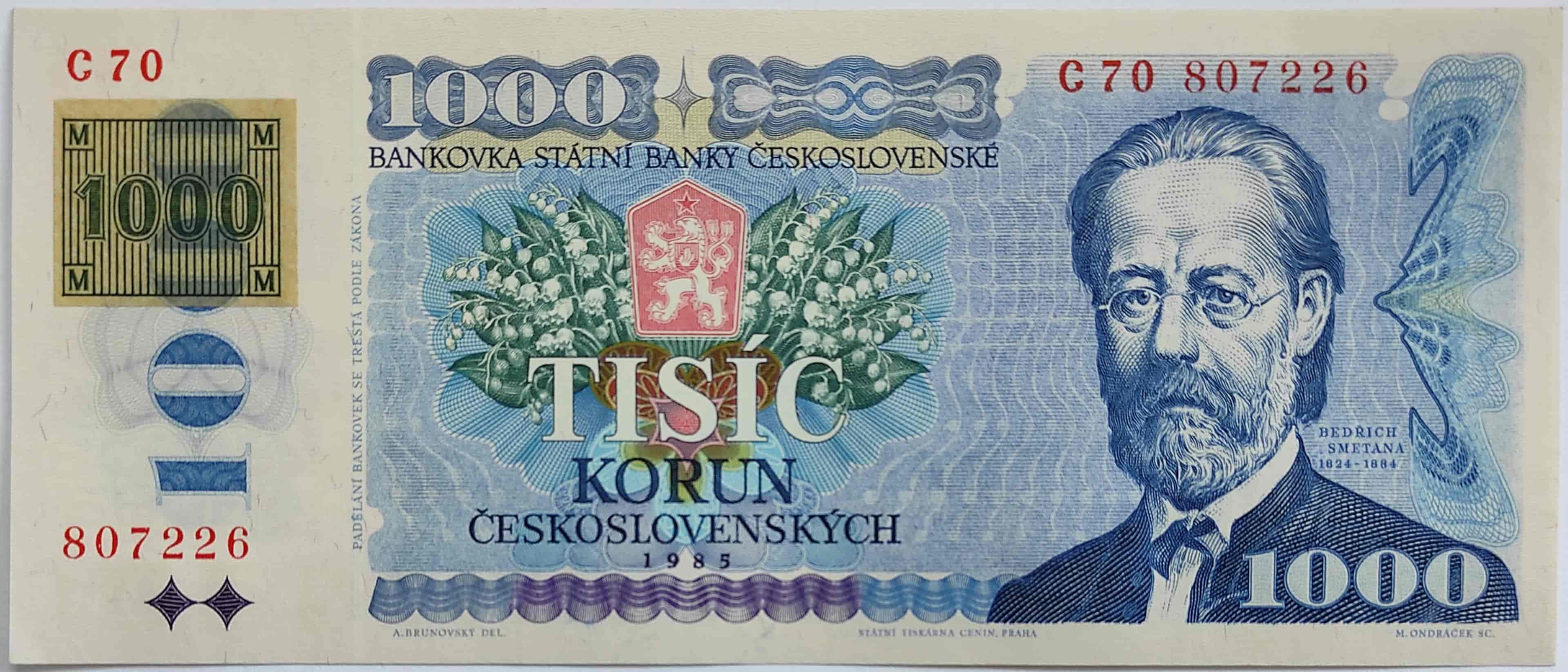 1000 Kčs 1985 C70 ČR kolok lepený
