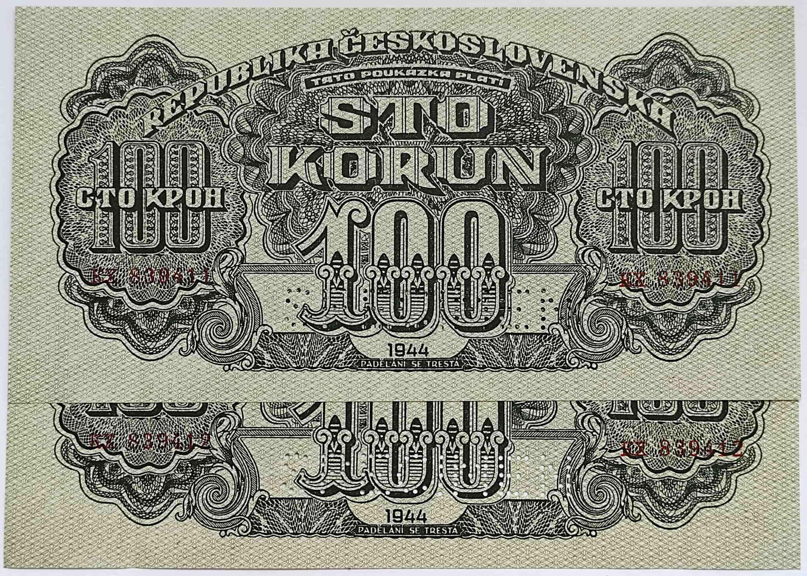 100 korún 1944 KX 2ks s číslom po sebe