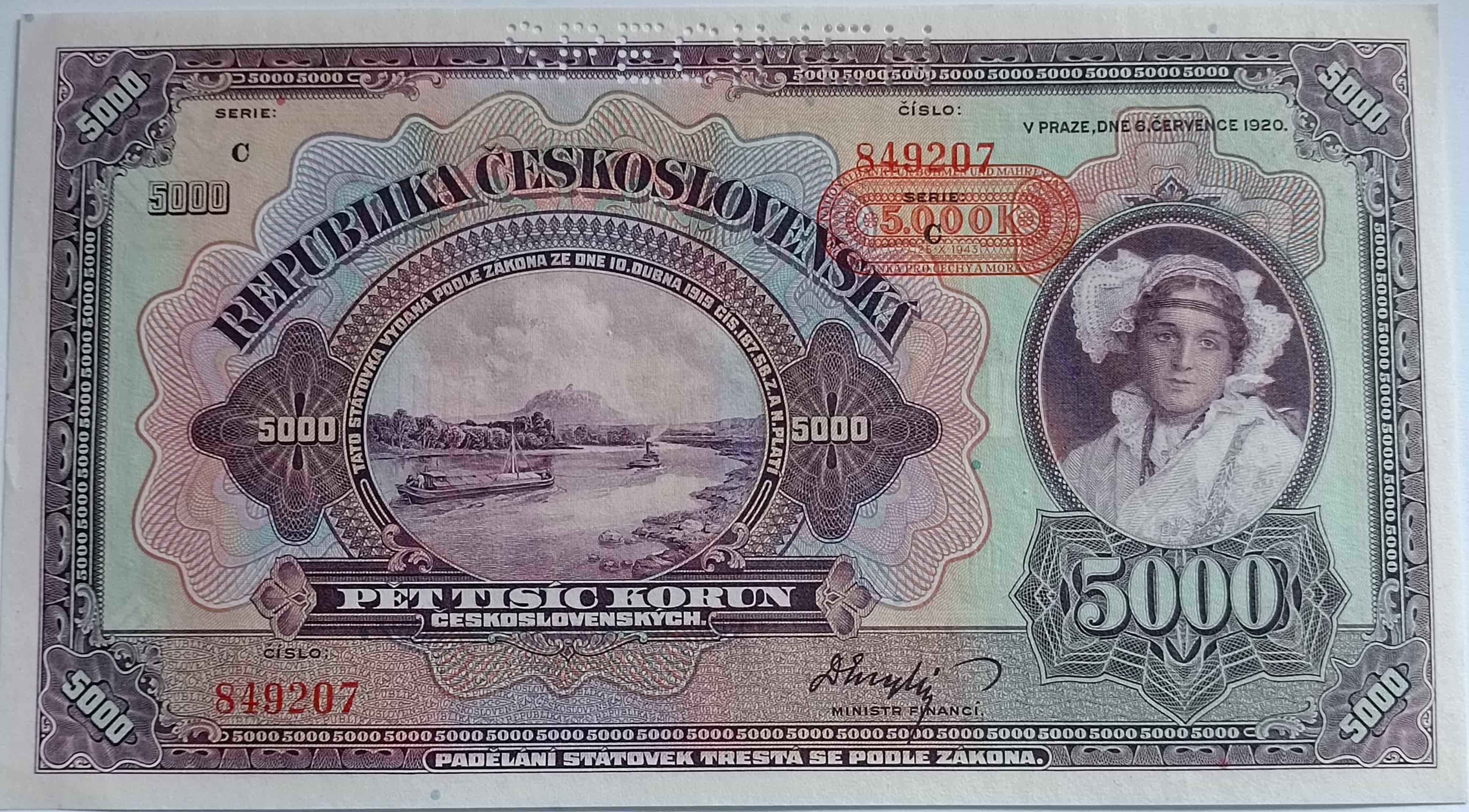 5000 Kč 1920  Pretlač 1943 C