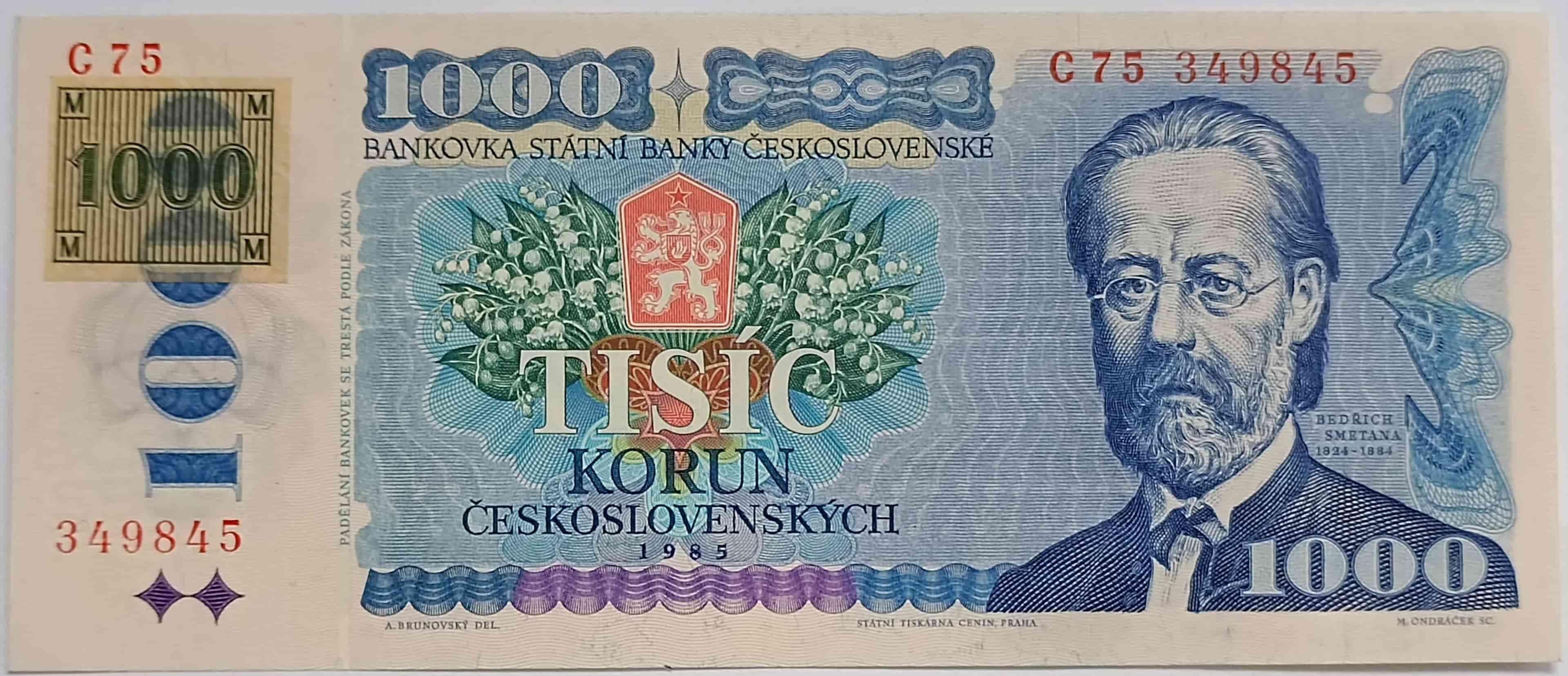1000 Kčs 1985 C75 ČR kolok lepený